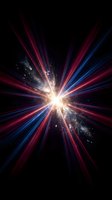 Radiant starburst explosion with red and blue light rays emanating from bright center, featuring particle effects and energy waves for sci-fi, technology, and abstract design projects.