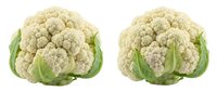 Two whole raw cauliflower heads with green leaves isolated on white background, suitable for food, nutrition, cooking, and healthy eating content.