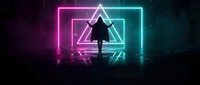 Silhouette of person walking through futuristic neon geometric portal with glowing pink and cyan lights creating sci-fi tunnel effect on dark background.