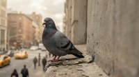 Urban pigeon perched on stone ledge with blurred city street background featuring yellow taxis and pedestrians in soft natural lighting.