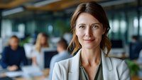 Young professional woman in white blazer smiling confidently in modern office environment with coworkers in background. Corporate workplace setting with natural lighting.