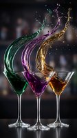 Colorful cocktails splashing from martini glasses in green, purple and orange creating dynamic liquid motion against dark background for party concepts.