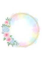 Circular floral frame with pink roses, blue hydrangeas, and green foliage on white background. Gold double-line border with soft pastel watercolor wash in pink, yellow, and blue tones. Isolated design element suitable for invitations, greeting cards, and social media graphics.