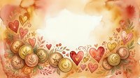 Watercolor autumn floral border with hearts and golden coins, warm orange and red tones, romantic fall design for greeting cards and invitations.