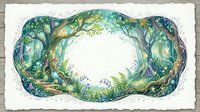 Enchanted forest frame with lush green trees, magical foliage and mystical woodland border creating natural oval opening for text or design elements.