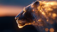 Majestic lioness profile with glowing particles and golden light effects against dramatic sunset sky, creating mystical wildlife artwork for nature designs.