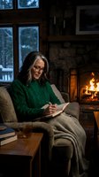 Mature woman with glasses writing in journal by fireplace in cozy cabin interior during winter evening with warm lighting and comfortable atmosphere.