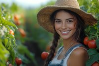Young woman in straw hat smiling in tomato garden, wearing denim overalls during summer harvest season.