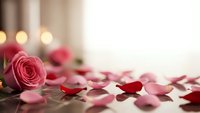 Romantic rose petals scattered on surface with soft bokeh lights creating intimate atmosphere for Valentine's Day celebration and love themes.
