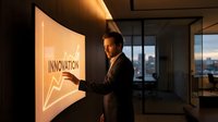 Professional businessman presenting innovation concept on interactive display screen in modern office environment during golden hour lighting.