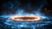 Magical glowing ring with sparkles and particles on dark background creates mystical atmosphere with orange and blue light effects and bokeh elements.