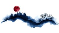 Dramatic watercolor landscape silhouette featuring dark castle towers on hilltop with blood moon and bare trees against misty night sky background. Mystical gothic scene.