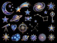 Celestial night sky elements collection featuring moons, stars, planets, constellations, telescope, and mystical symbols isolated on transparent background. Ready for t-shirt designs, clipart, stickers, sublimation, and print-on-demand projects.