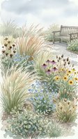 Watercolor garden scene with ornamental grasses, wildflowers and wooden bench creating peaceful outdoor space for relaxation and contemplation.
