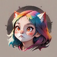 Fantasy portrait of cat girl character with rainbow colored hair and white cat ears, expressive orange eyes and cute nose against dark circular background.