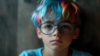 Young boy with colorful rainbow hair wearing glasses in dramatic lighting for creative portrait photography and artistic projects.