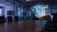 Businessman hand holding futuristic holographic cube with glowing digital interface in modern office environment for technology presentations.