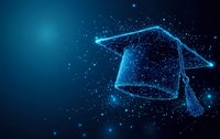 Glowing graduation cap made of connected dots and lines on dark blue background with sparkle effects and digital particles. Modern education concept.