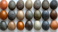 Decorative textured eggs in natural earth tones arranged in neat rows on white background, showcasing varied patterns and organic surfaces for design projects.