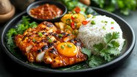 Grilled chicken with sunny side up egg, served with white rice, fresh herbs and spicy sauce on black plate. Restaurant quality Asian fusion dish with garnish.