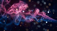 Abstract colorful smoke swirls in pink and blue hues with bokeh lights creating magical atmosphere for creative design projects and backgrounds.