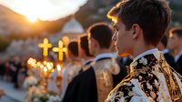 Young Caucasian man in ornate gold and black brocade jacket stands in profile among crowd at sunset ceremony, with glowing cross and bokeh lights creating atmospheric mood.