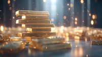 Gold bars stacked in ascending order with magical bokeh lights and rays creating luxury atmosphere on dark reflective surface. Financial wealth concept.