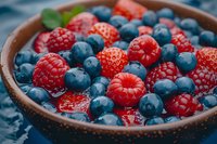 Fresh organic blueberries, raspberries and strawberries in rustic ceramic bowl. Macro shot of mixed summer berries with vibrant colors and natural lighting.