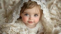 Smiling baby girl with bright blue eyes wearing vintage white lace christening gown and veil, soft natural lighting creates gentle shadows and warm tones in portrait.