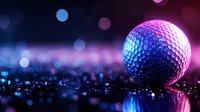 Glowing disco ball with neon pink and blue lighting on reflective dark surface surrounded by bokeh lights creates nostalgic retro party atmosphere.