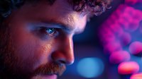Close up portrait of bearded man with intense blue eyes in dramatic neon lighting with pink and blue bokeh background creating mysterious atmospheric mood.