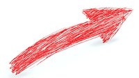 Red sketchy arrow pointing upward with dynamic hand-drawn style on white background, showing direction and movement. Isolated design element for business concepts.