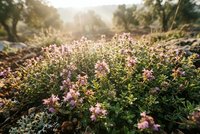 Wild pink flowers blooming in natural meadow with warm golden sunlight filtering through trees creating peaceful outdoor garden scene.