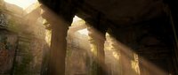 Ancient stone temple ruins with dramatic sunlight streaming through arched columns creating atmospheric rays and shadows in archaeological site.