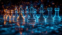 Glowing chess pieces in blue neon light against dark background with bokeh effects create futuristic atmosphere for business strategy and leadership concepts.