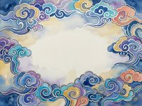 Watercolor swirling clouds frame with colorful spiral patterns in blue purple orange creating decorative border for artistic designs and backgrounds.
