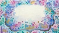 Watercolor cat frame with colorful felines and paw prints creating decorative border on textured paper background for pet-themed designs and invitations.