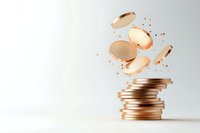 Falling golden coins in motion against light background, stack of metallic currency showing financial growth and wealth concept with copy space.