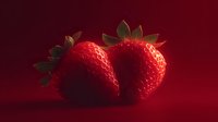 Two fresh ripe strawberries with green leaves on deep red background for culinary designs, food photography and healthy eating concepts.