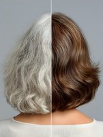 Hair transformation showing gray to brown color change before and after treatment comparison split view for beauty salon advertising.