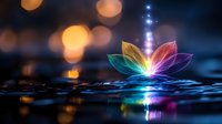 Glowing lotus flower with rainbow petals on dark water surface, magical sparkles and bokeh lights creating mystical atmosphere. Spiritual concept.