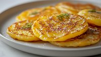 Golden potato pancakes with crispy edges and fresh dill garnish served on ceramic plate, traditional homemade comfort food for breakfast or dinner.