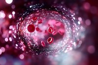 Red blood cells flowing through artery or vein with blurred bokeh effect in pink and purple tones, medical science visualization for healthcare concepts.