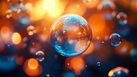 Floating soap bubbles with rainbow reflections against warm orange bokeh background creating dreamy atmospheric effect for creative projects.