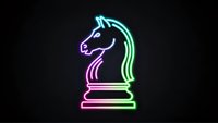 Neon chess knight piece glowing in vibrant pink and green colors against dark background for gaming and strategy concepts.