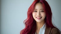Young Asian woman with vibrant red hair and bright smile wearing brown cardigan and white shirt against light background, looking directly at camera with confident expression.