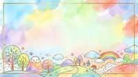 Watercolor landscape with rolling hills, colorful trees, rainbow, and whimsical countryside scenery in soft pastel tones. Isolated on white background, ready for children's book illustrations, nursery decor, and design projects.