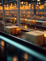 Cardboard boxes moving on automated conveyor belt system in modern warehouse with warm bokeh lights creating atmospheric industrial environment.