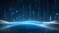 Futuristic digital horizon with glowing blue light streams and particles against dark space background, creating atmospheric technological landscape.
