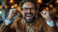 Successful middle aged businessman celebrating victory with raised fists, wearing glasses and brown jacket. Genuine emotions of happiness and achievement in corporate environment.